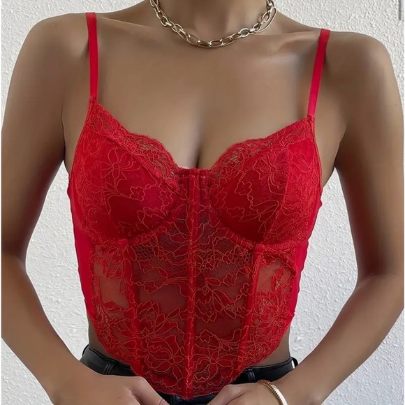 Pretty Woman Boutique Tops - Red Lace Corset Sheer Crop Top Bralette